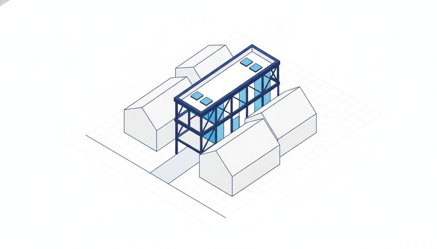 旗竿地に建つ鉄骨造建物のイラスト